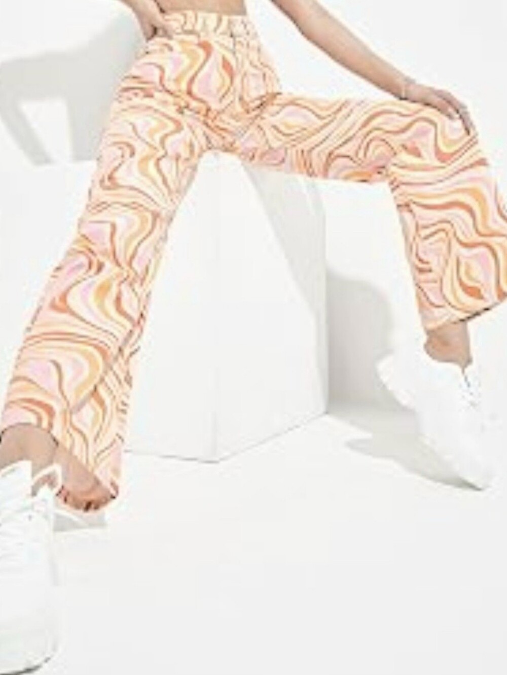 Forever 21 Cream Orange Retro Hippie Print Wide-Leg Pull On Pants (fits L Tall)